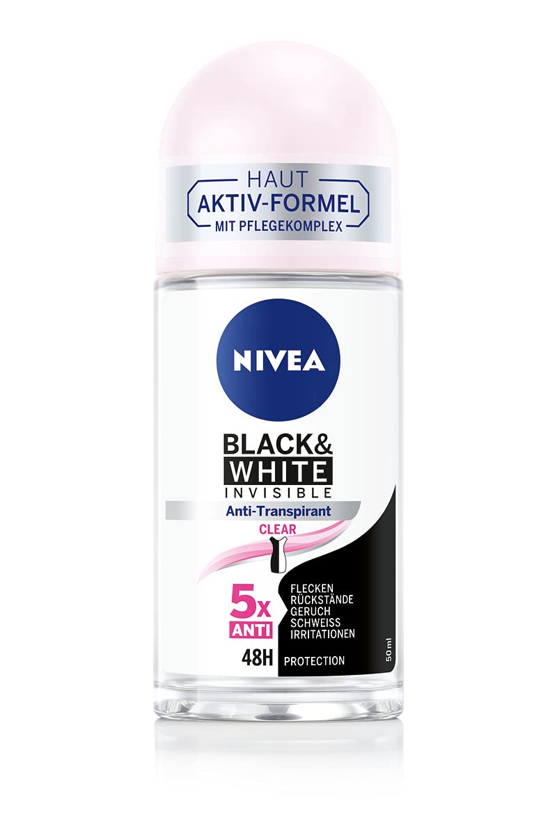 NIVEA Black & White Invisible Clear Roll-On Deodorant (50 ml), Antiperspirant with Anti-Stain Formula with 48h Protection and Nivea Care Complex
