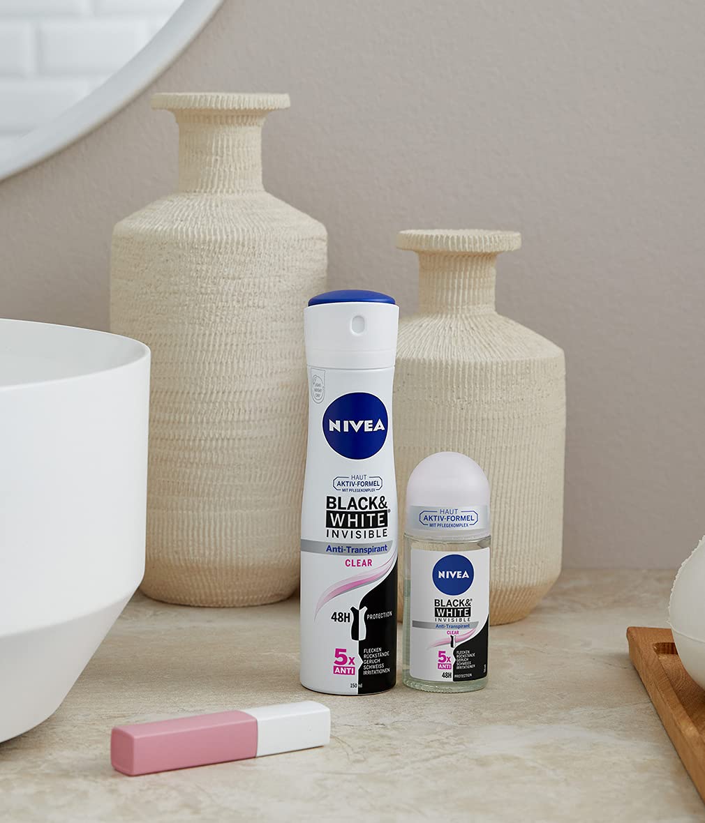 NIVEA Black & White Invisible Clear Roll-On Deodorant (50 ml), Antiperspirant with Anti-Stain Formula with 48h Protection and Nivea Care Complex