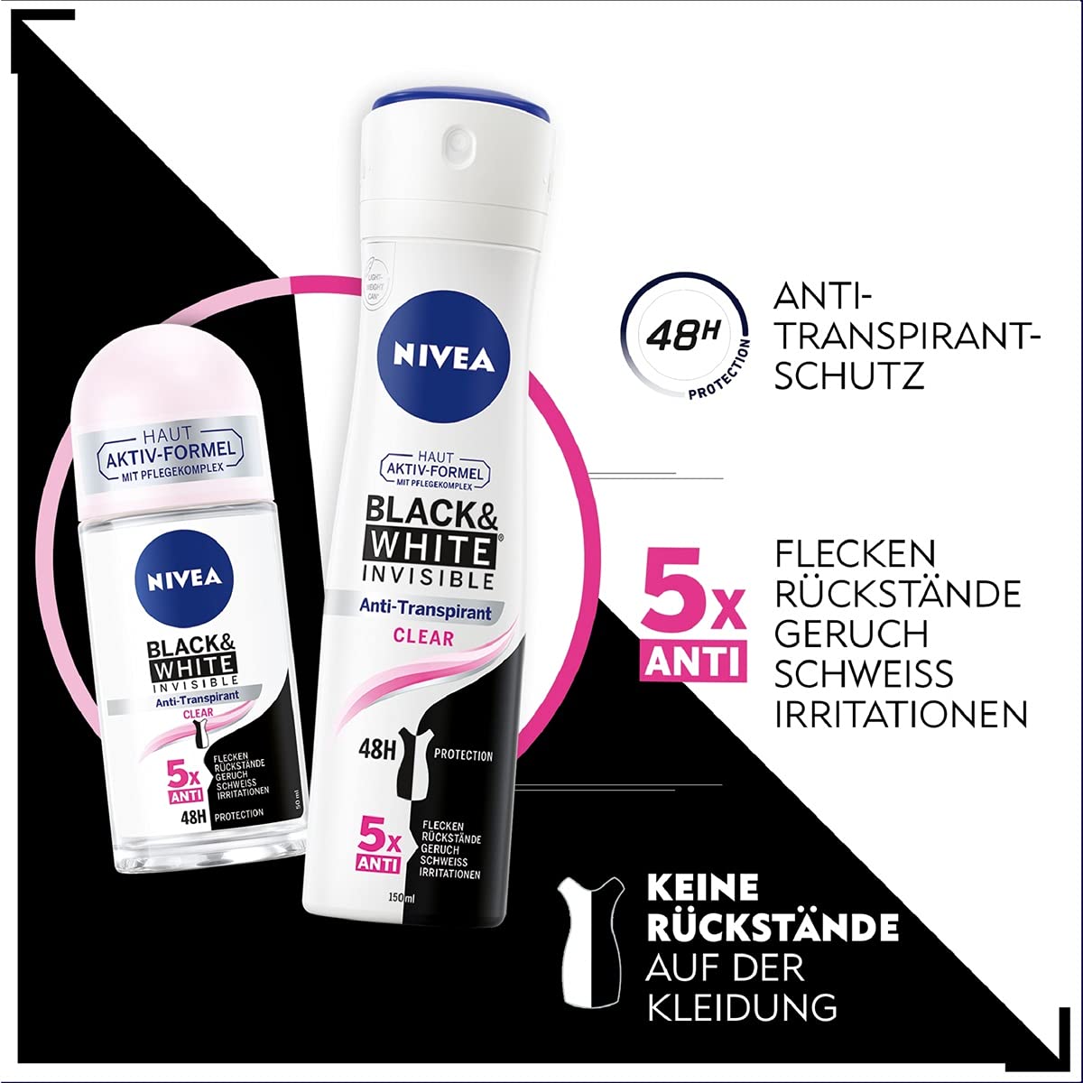 NIVEA Black & White Invisible Clear Roll-On Deodorant (50 ml), Antiperspirant with Anti-Stain Formula with 48h Protection and Nivea Care Complex