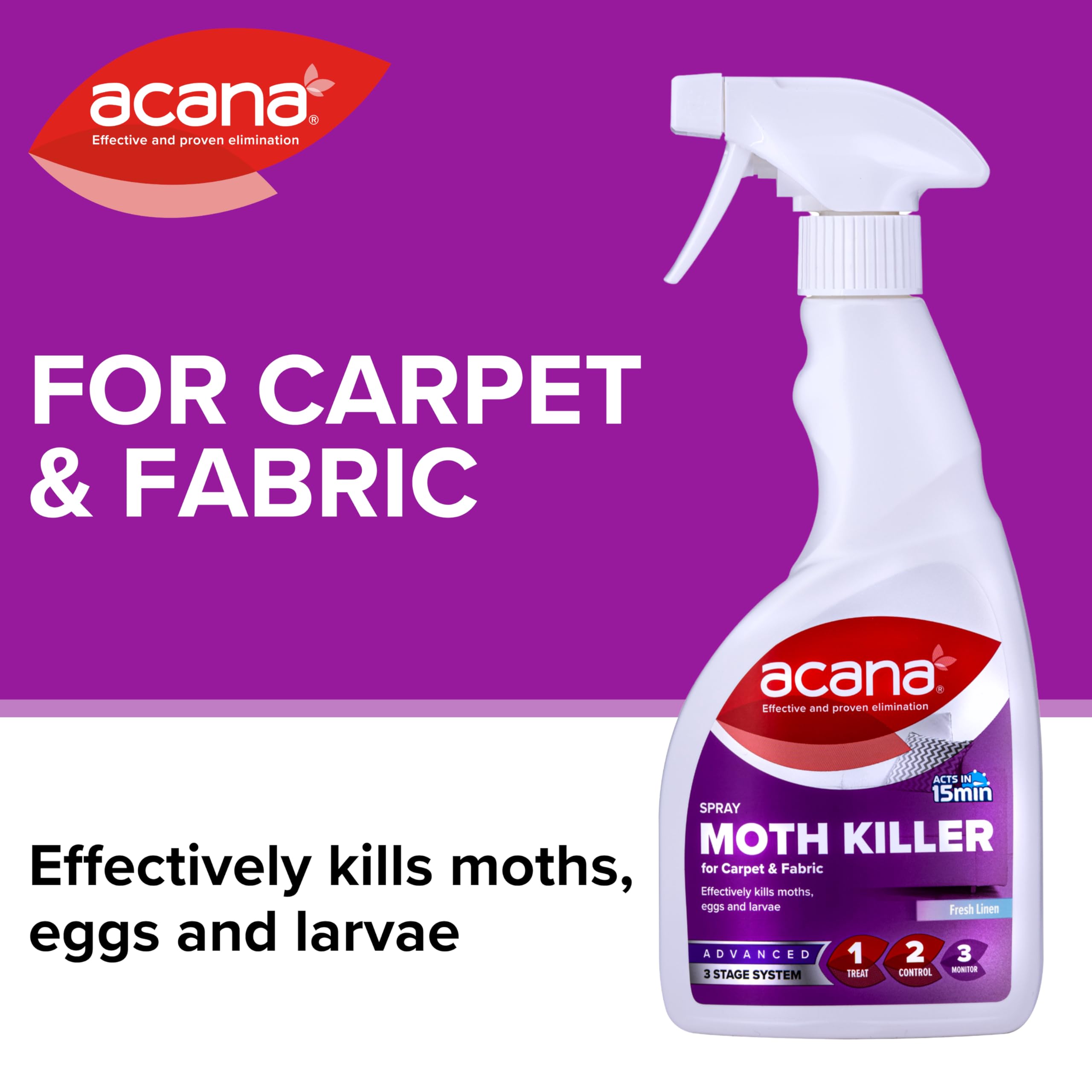 Acana Carpet & Fabric Freshener 500ml - Moth Killer Spray - Fresh Linen Fragrance - Kills Moths, Eggs & Larvae - Licensed Insecticide for Carpets, Rugs & Curtains - Non-Staining