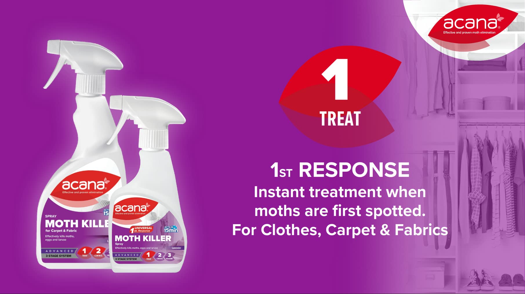 Acana Hanging Moth Killer & Freshener, 4 Pack - Lavender Fragrance, Natural Oils - For Wardrobes - Protects Clothing & Bedding - Each Lasts 6 Months