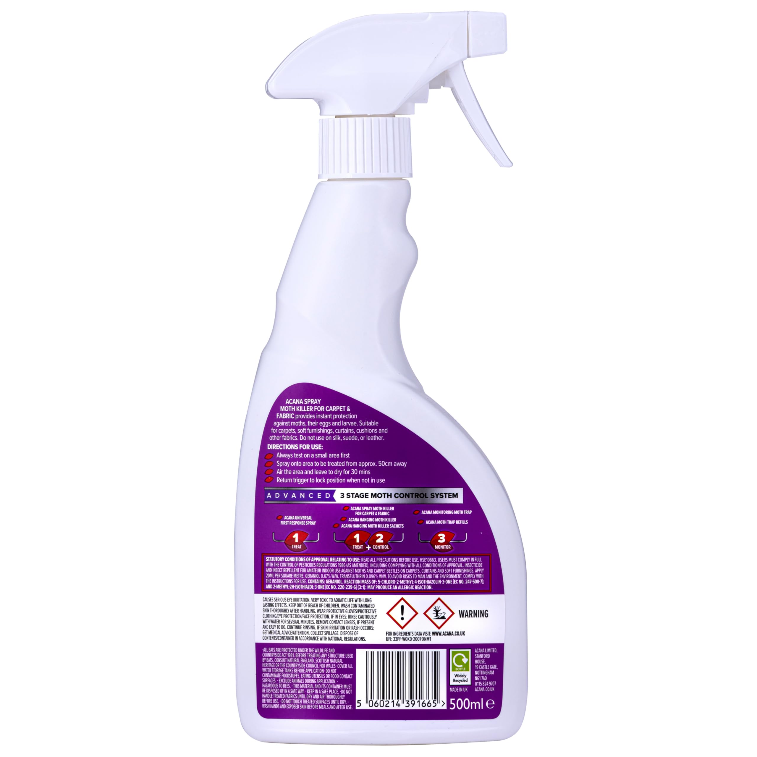 Acana Carpet & Fabric Freshener 500ml - Moth Killer Spray - Fresh Linen Fragrance - Kills Moths, Eggs & Larvae - Licensed Insecticide for Carpets, Rugs & Curtains - Non-Staining