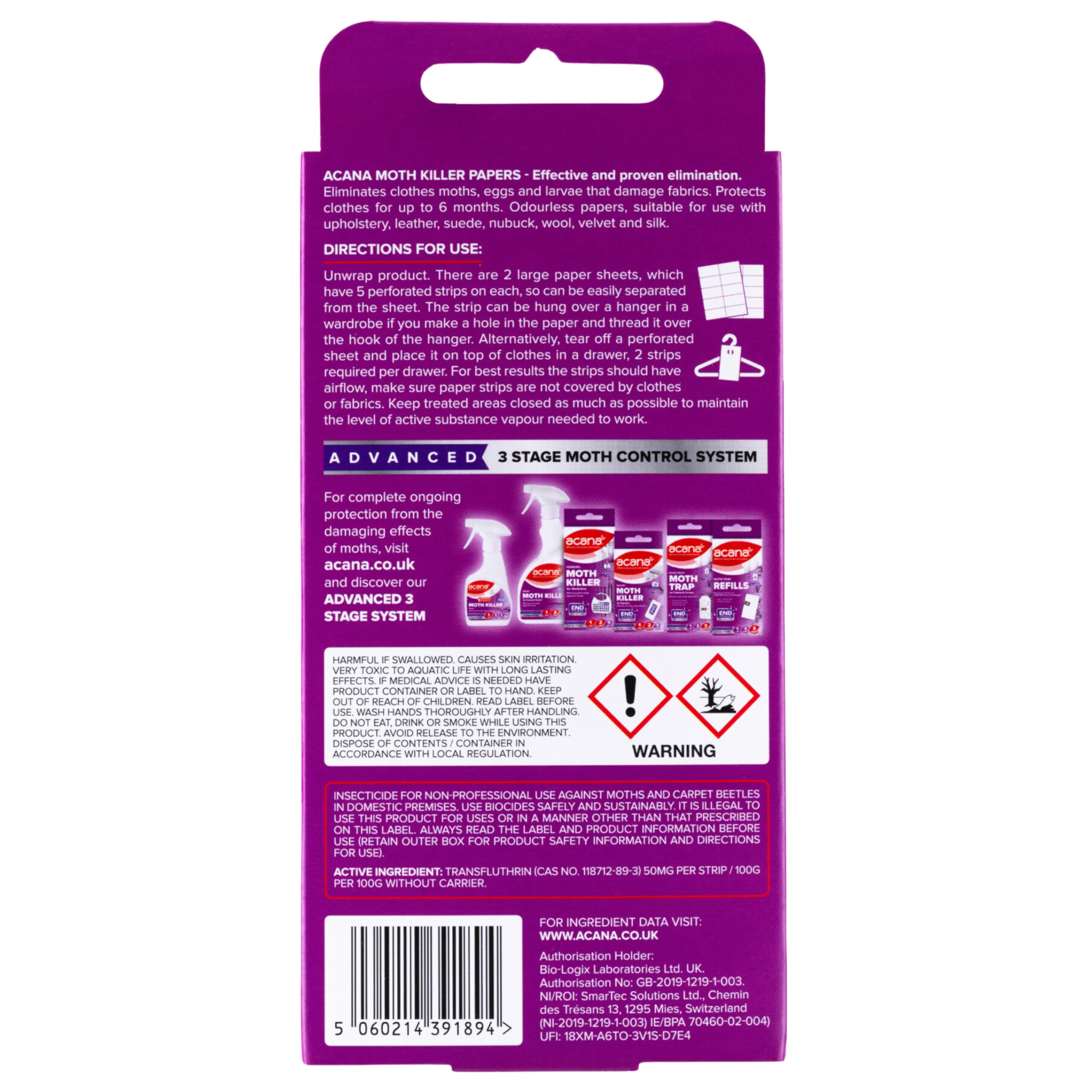 Acana Hanging Moth Killer Papers - Pack of 10 - Fragrance - Free, High Performance for Drawers, Wardrobes and Storage - Protects Clothing & Bedding - Long Lasting, Each Paper Lasts 6 Months