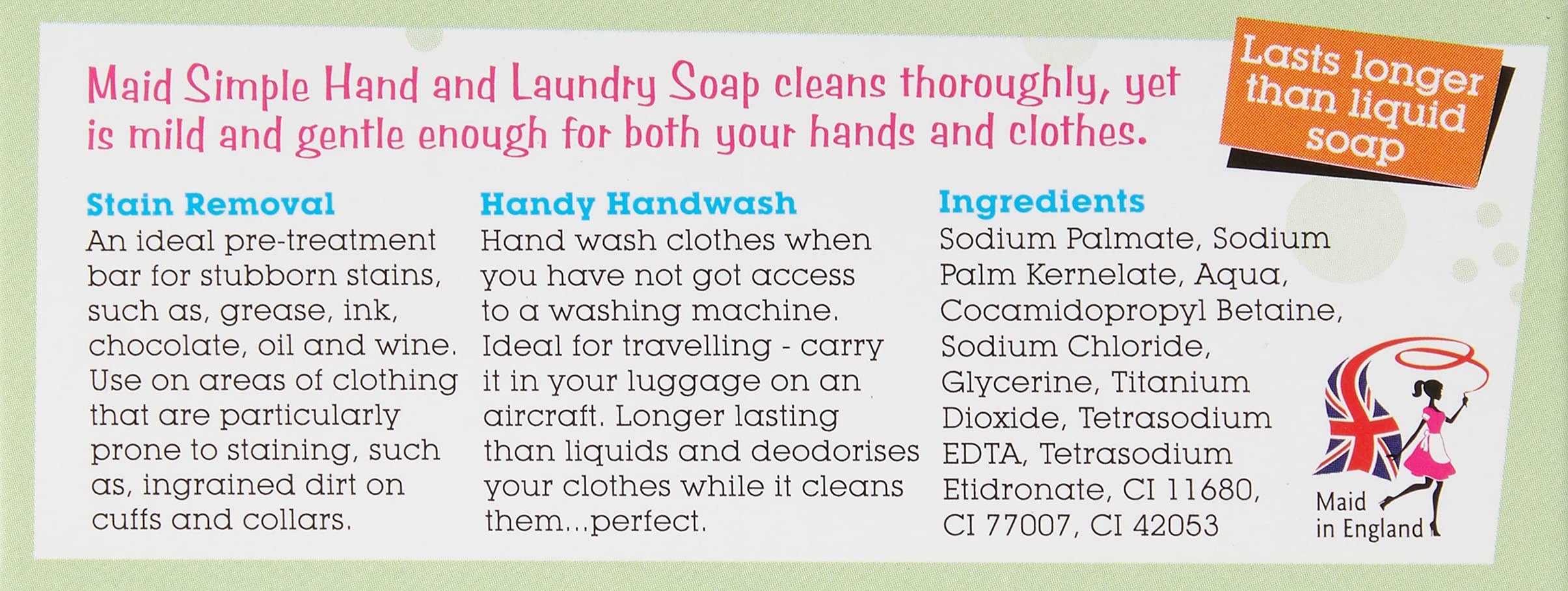 Maid Simple, Hand And Laundry Soap, Travel Handy For Spotless Clothes, 170g Bar