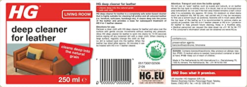 HG Deep Cleaner for Leather, Cleans Leather Sofas, Settees, Chairs & Accessories Deep in The Pores, Safe Caring & Mild Stain Remover, Gentle Water Based Formula - 250 ml Bottle (173030106) - Bargain Genie