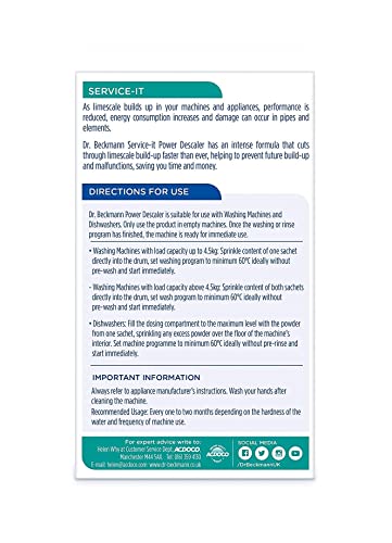Dr.Beckmann Service-It Power Descaler Treatments Use On Washing Machines & Dishwashers Working To Protect Against Appliance Breakdowns Powerful Limescale Remover Intensive Descaler X 2 Sachets - Bargain Genie