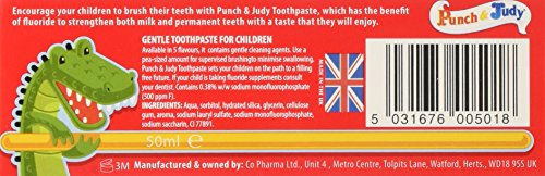 Punch & Judy - Natural Toothpaste for Kids, Flavoured Toothpaste for Children, Fluoride 1000 ppm, Sugar Free, 50ml - Bargain Genie
