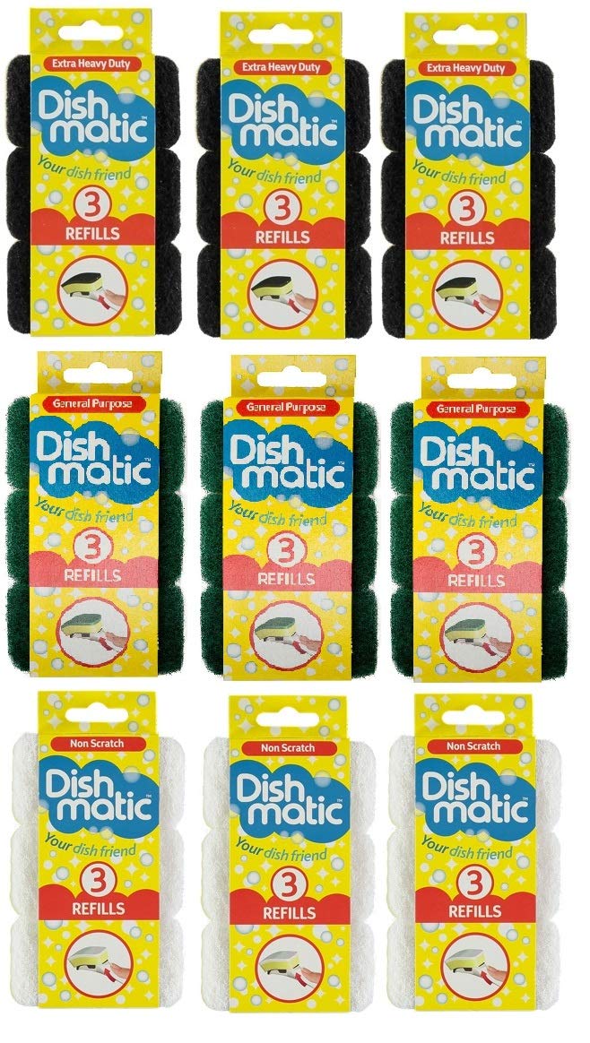 27 x Mixed Dishmatic Sponge Scourer Replacement Refill Head Full Box (9 x Non Scratch, 9 x Heavy Duty, 9 x Extra Heavy Duty)