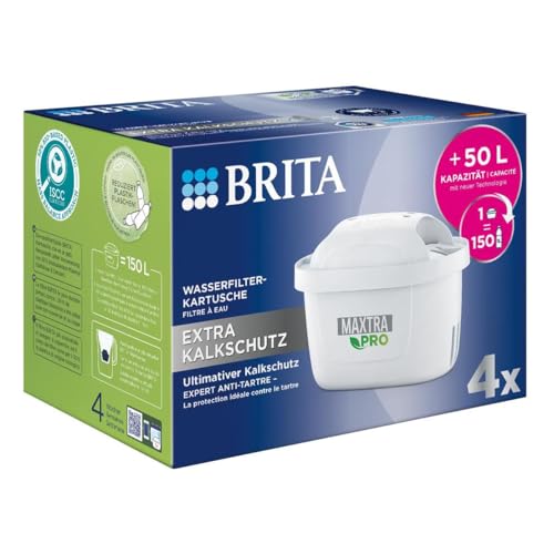 BRITA Maxtra Pro Extra Limescale Protection Water Filter Cartridge - Pack of 4 - Original BRITA Replacement Cartridge for Ultimate Device Protection and Reduction of Limescale, Impurities, Chlorine