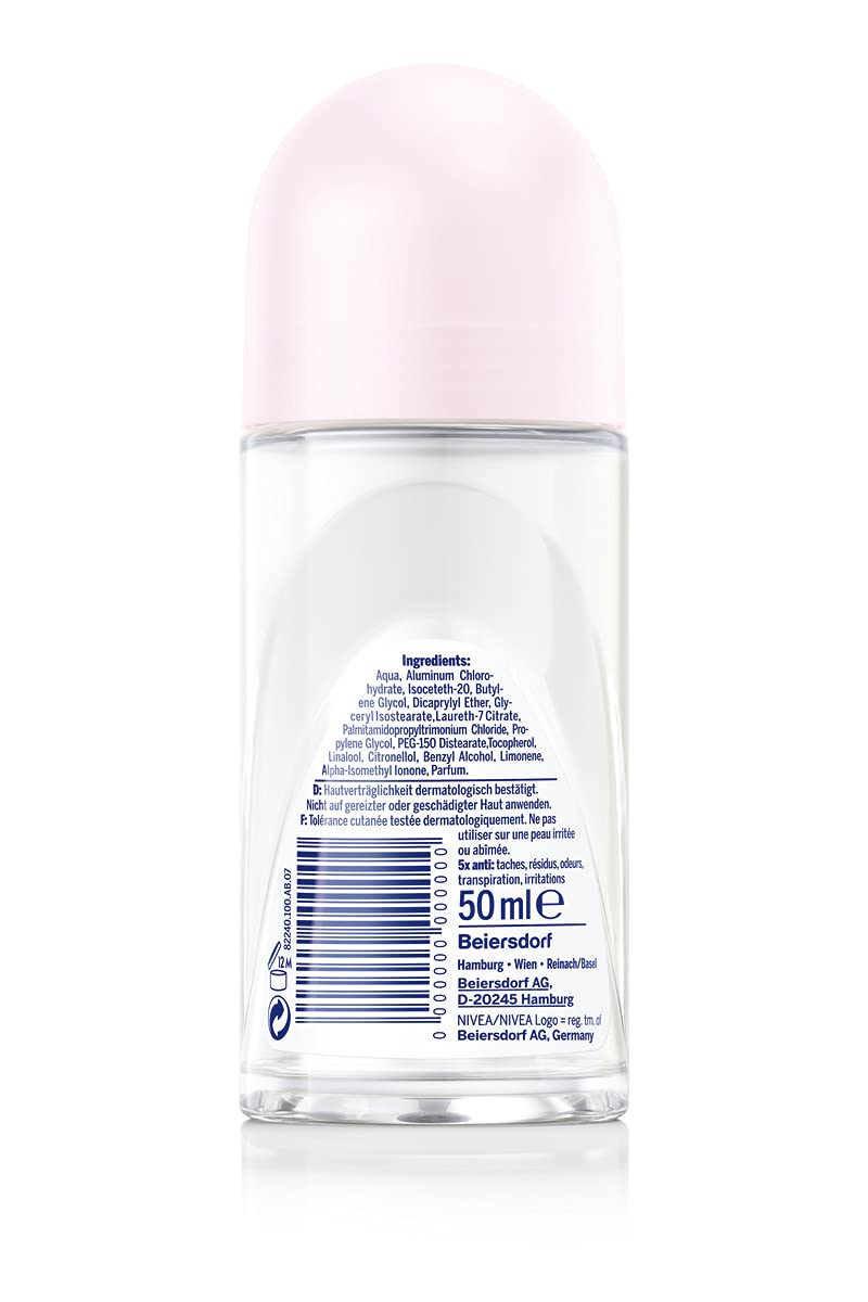 NIVEA Black & White Invisible Clear Roll-On Deodorant (50 ml), Antiperspirant with Anti-Stain Formula with 48h Protection and Nivea Care Complex