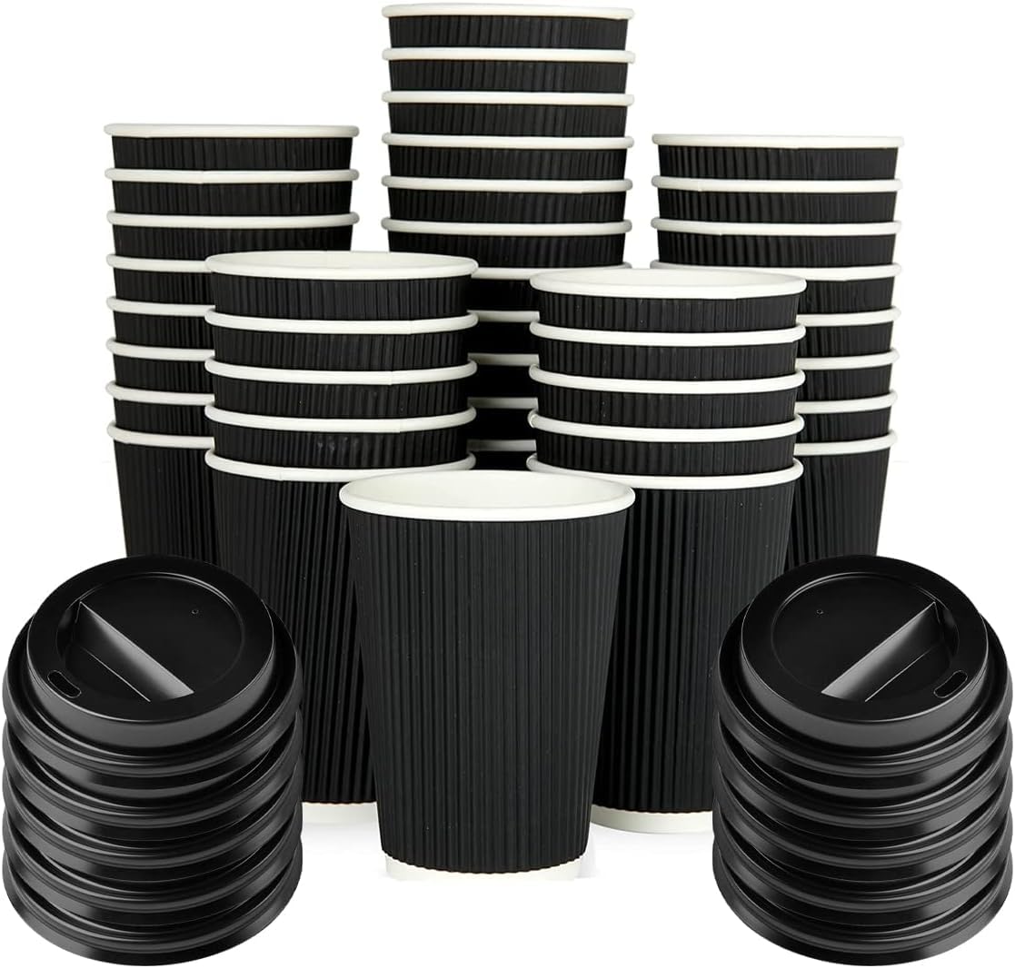 Dezpo 50 Pack Takeaway Coffee Cups with Lids | Disposable Insulated Triple Wall Ripple Kraft Paper Coffee Cups for Takeaway Coffee, Tea or hot Liquids | Pack of 50 (8 Oz.), Black