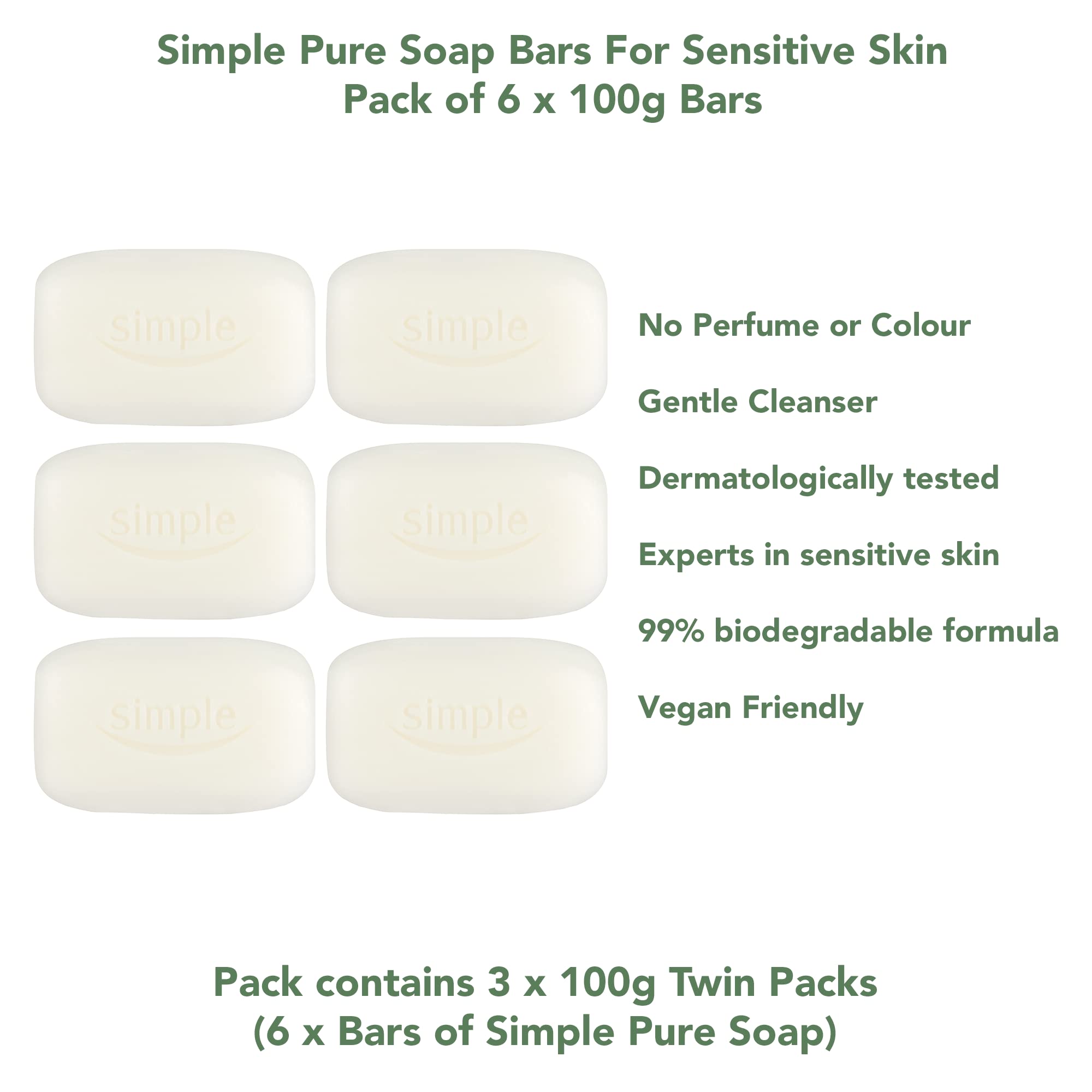 PBW INTERNATIONAL Simple Pure Soap Bars For Sensitive Skin Pack of 6 (6 x 100g) - 3 x Twin Packs