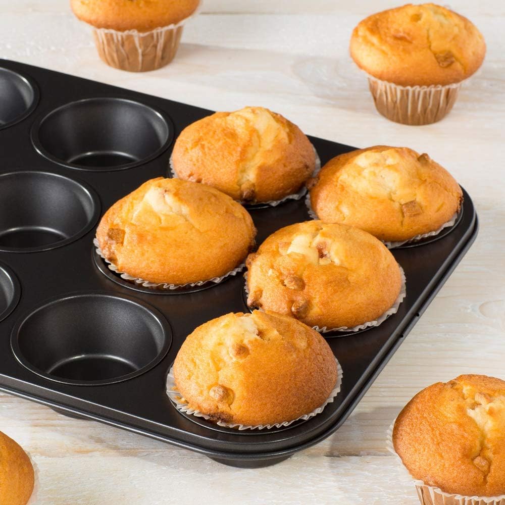 Dezpo | 2 x Teflon Non-Stick Premium Coated 12 Cup Muffin Tray - Length 35cm x Width 27cm (Grey/Black)