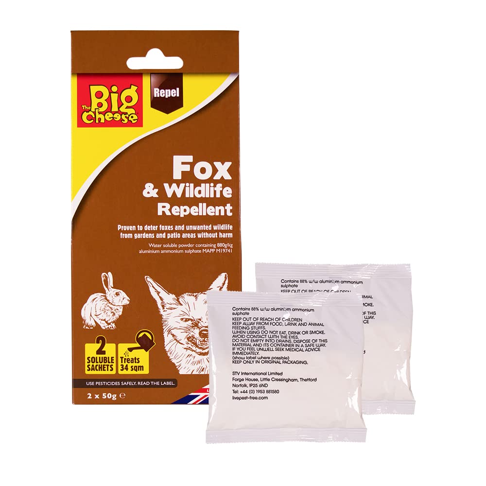 The Big Cheese Fox and Wildlife Repellent – Twinpack 50 g Sachets. Water Soluble Fox and Wildlife Deterrent. Protection for Gardens, Flowerbeds and Patio Areas, Treats up to 17 m2