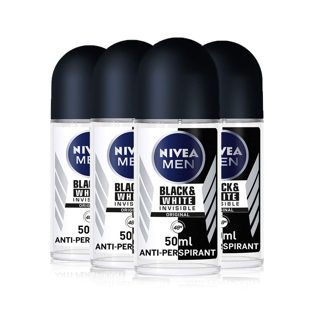 NIVEA MEN Black & White Invisible Original Antiperspirant Deodorant Pack of 4 (4 x 50ml), Men's Deodorant with 0% Alcohol, 48 Hour Antiperspirant for Men, Roll On Deodorant