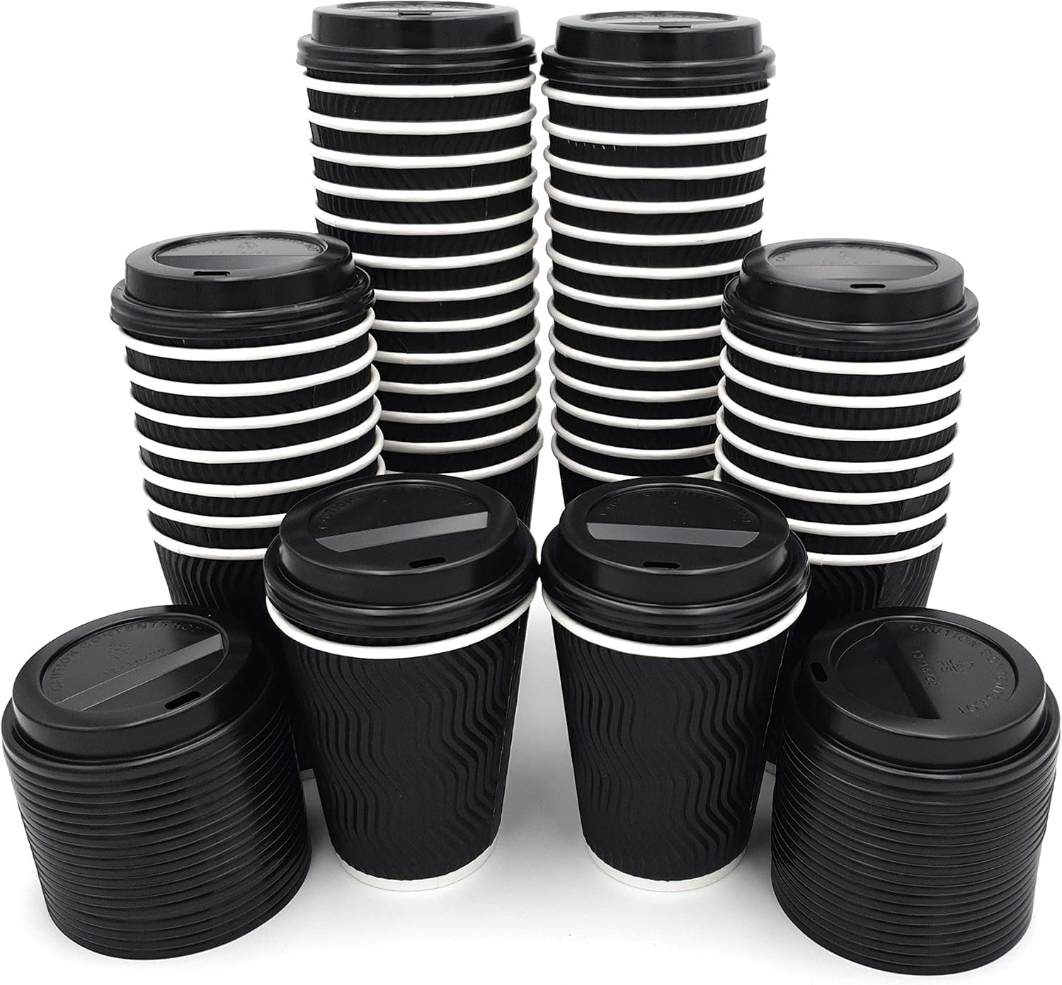 Dezpo 50 Pack Takeaway Coffee Cups with Lids | Disposable Insulated Triple Wall Ripple Kraft Paper Coffee Cups for Takeaway Coffee, Tea or hot Liquids | Pack of 50 (8 Oz.), Black