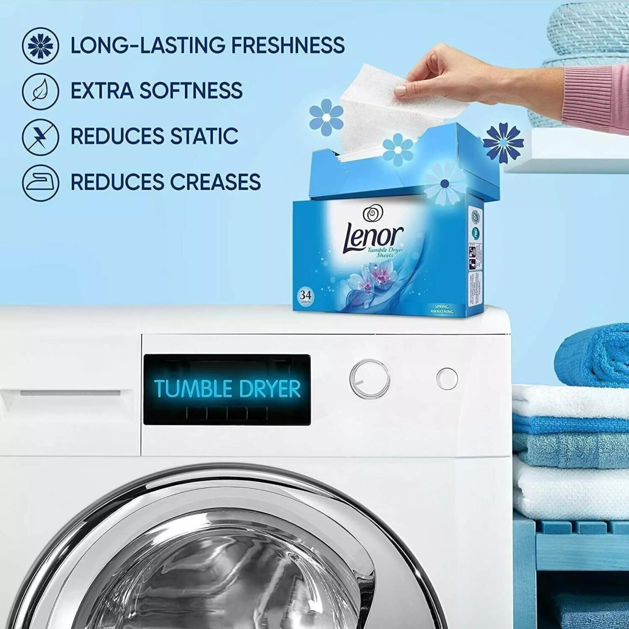 Lenor Tumble Dryer Fabric Conditioner Sheets Spring Awakening, Pack of 2 x 34 Sheets