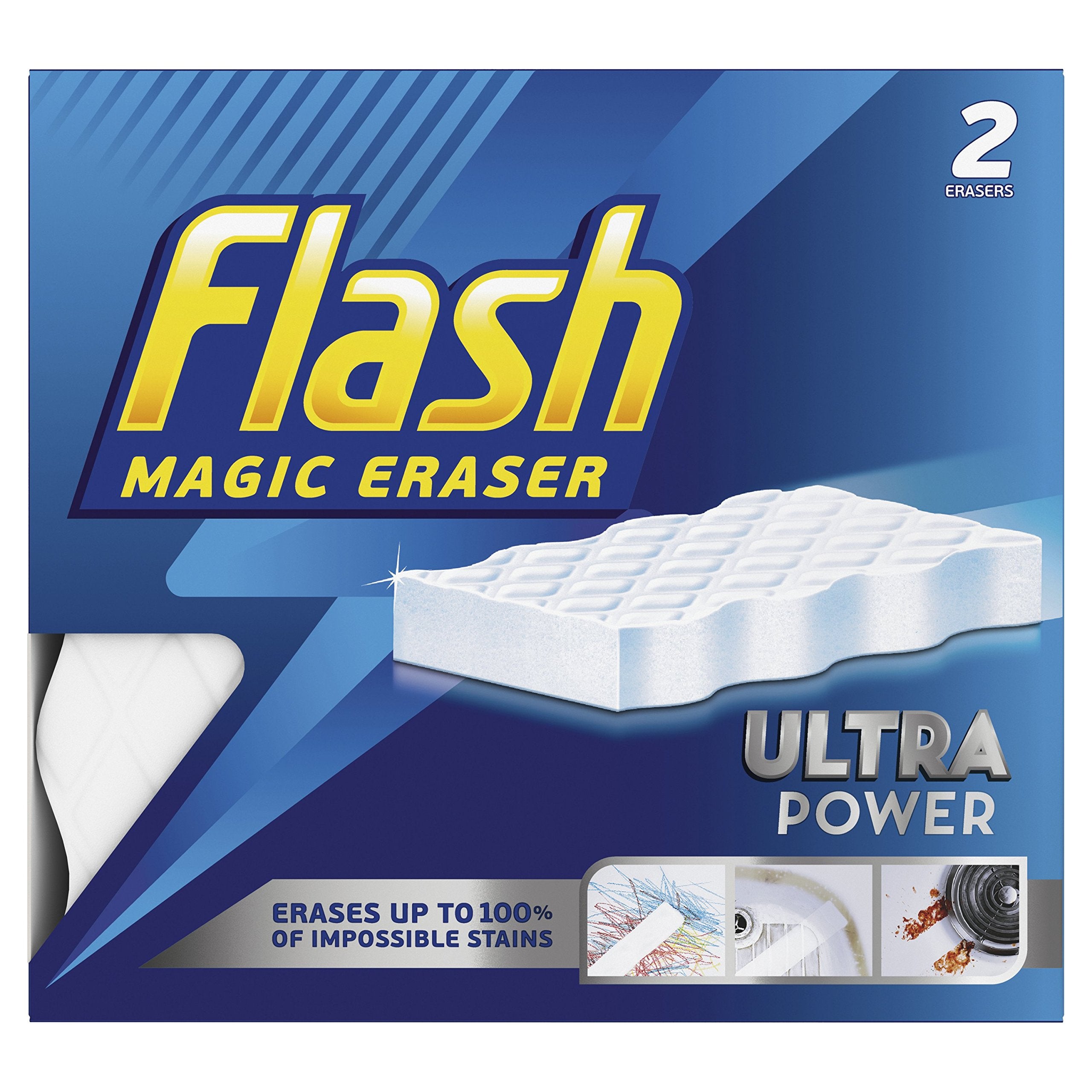 Flash Ultra Power Magic Eraser, Removes Impossible Stains Like Crayon on Walls, Tough Grease on Hobs or Grime on Wheel Hubs, 2X