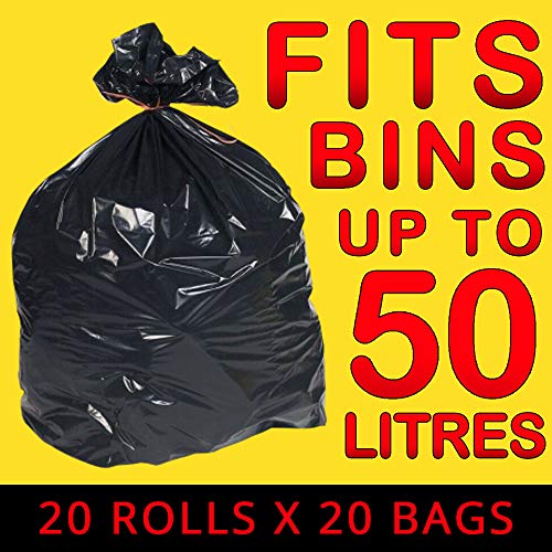 400 Pcs Black Bin Bag Roll Heavy Duty Refuse sack Eco-Friendly Indoor/Outdoor Trash Can Liners Perfect for Home Office Use - 50L Capacity - 20 Microns - Bargain Genie
