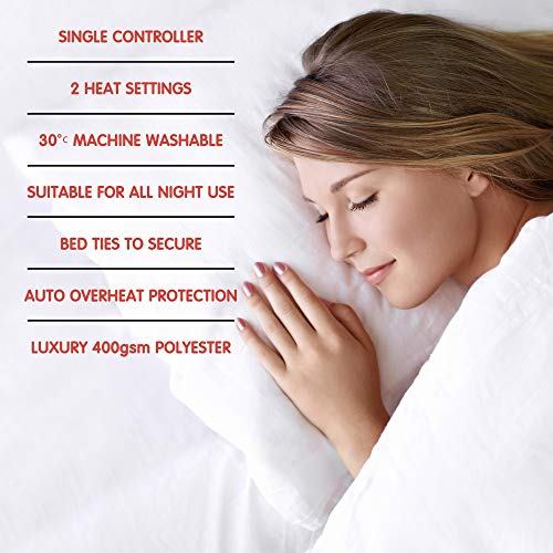 STAYWARM Single Size Superior Electric Underblanket with Detachable Controller / 3 Heat Settings/Detachable Cord/Machine Washable - 60w - 150 x 70cm - F901 - White