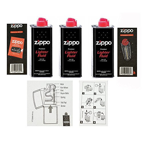 3 X Zippo Lighter Fluid Fuel Petrol 125ml Tin + Wick + 6 Flints