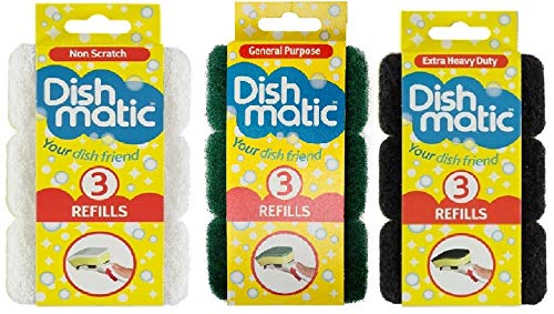 9 x Mixed Dishmatic Sponge Scourer Replacement Refill Head (3 x Non Scratch, 3 x Heavy Duty, 3 x Extra Heavy Duty)
